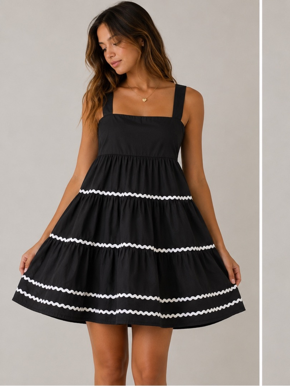 Black Tiered Mini Dress with White Trim